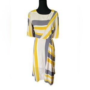Luxology Gray, Yellow, Beige, & White Flutter Sleeve Midi Dress, Size Small